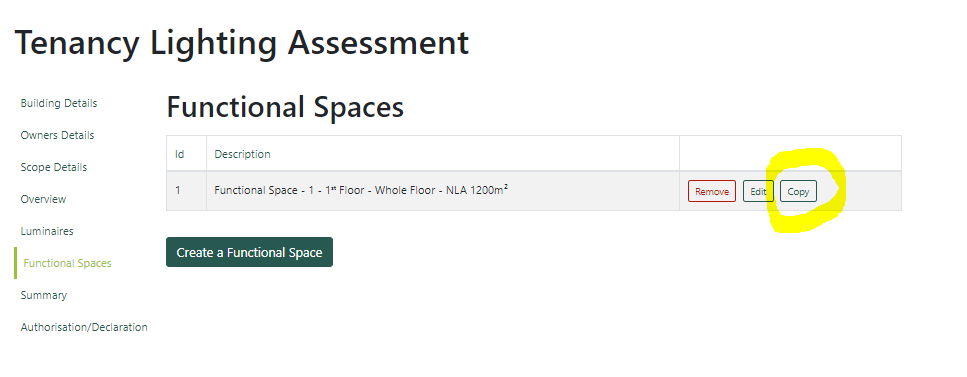 screenshot from the CBD assessor portal, showing the location of the new button used to copy functional spaces